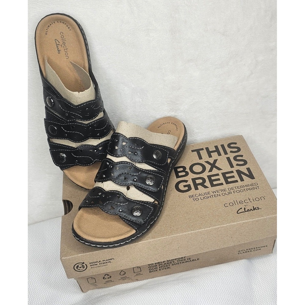 NIB Clarks Laurieann Jade 6 Black Leather Laser Cut Comfort Slide Sandals